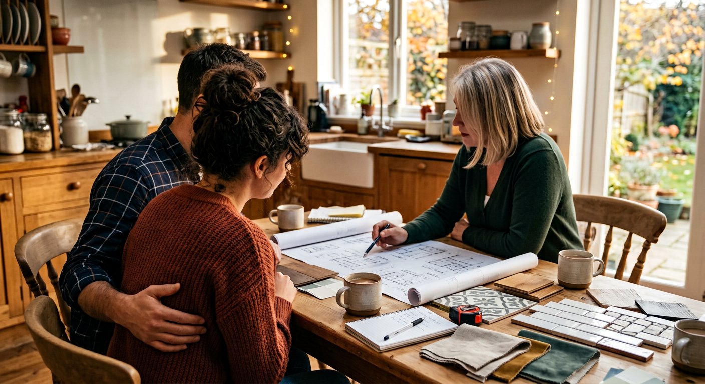 Homeowners reviewing renovation plans and financing options